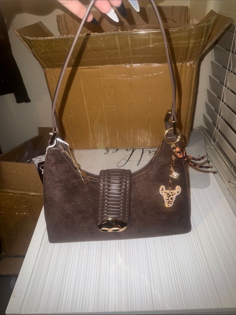 Brown Suede Shoulder Bag with Leopard Charm